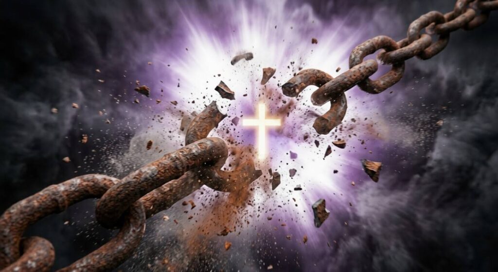 Heavy rusted iron chains shattering into pieces against a backdrop of intense white and purple light with a glowing Christian cross in the center, symbolizing spiritual deliverance and breaking witchcraft attacks.