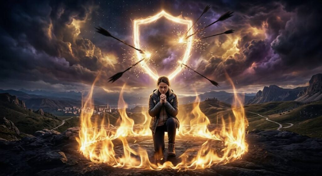 A wide shot of a modern believer in a prayerful posture surrounded by a shimmering wall of fire, with a glowing ethereal shield of faith deflecting dark shadowy arrows that dissolve into golden sparks.