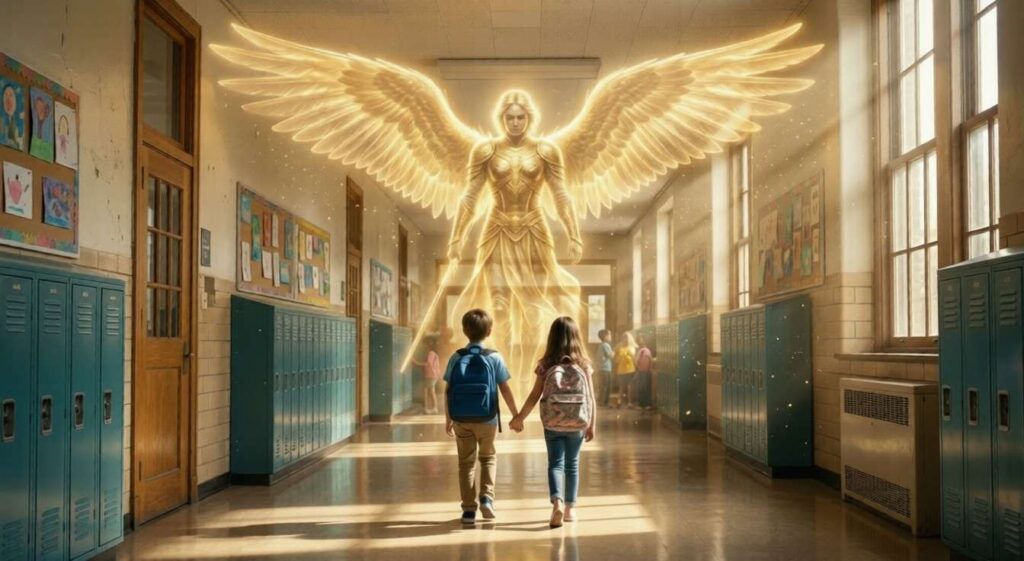 A large, glowing golden guardian angel with expansive wings standing behind two young children in a sunlit school hallway, representing spiritual protection and prayer points for children.