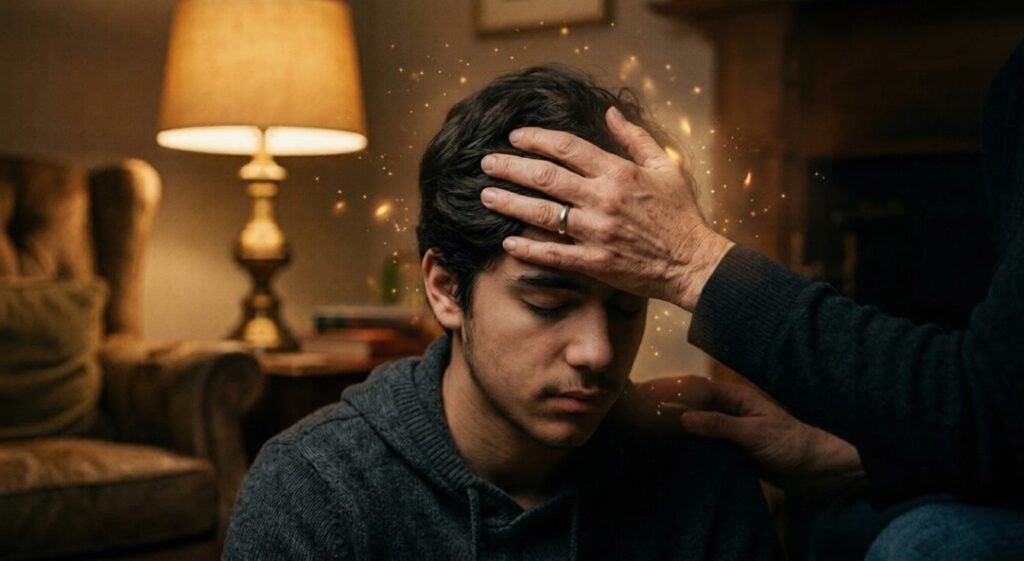 A close-up of a mother’s hands resting on her teenage son’s head during prayer, with soft golden light and embers symbolizing the Holy Spirit and family spiritual covering.
